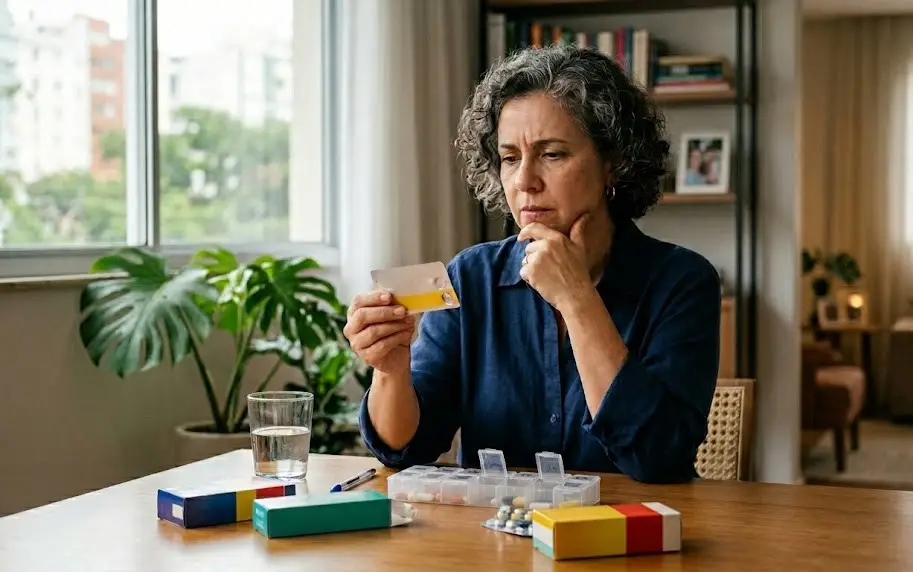 mulher olhando para cartela de comprimidos