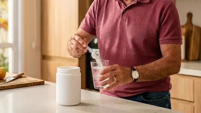Idoso colocando creatina em um copo com &aacute;gua para beber