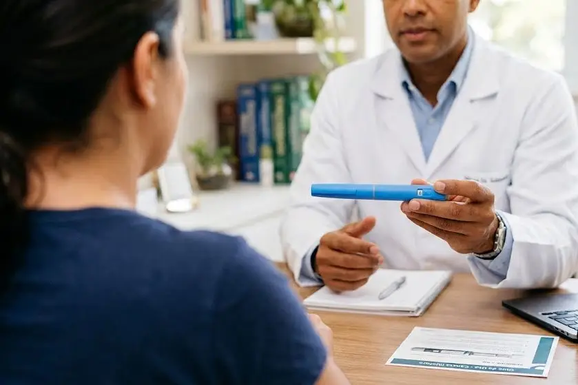 M&eacute;dico explicando para paciente sobre caneta emagrecedora.