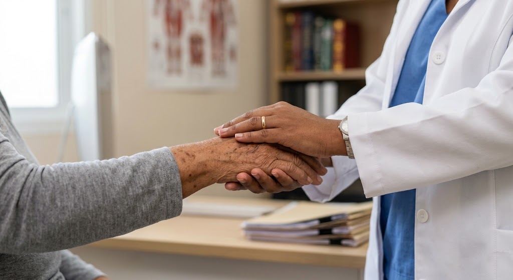 M&eacute;dica segurando na m&atilde;o de um paciente