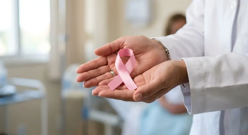 Medica segurando la&ccedil;o da campanha de outubro rosa