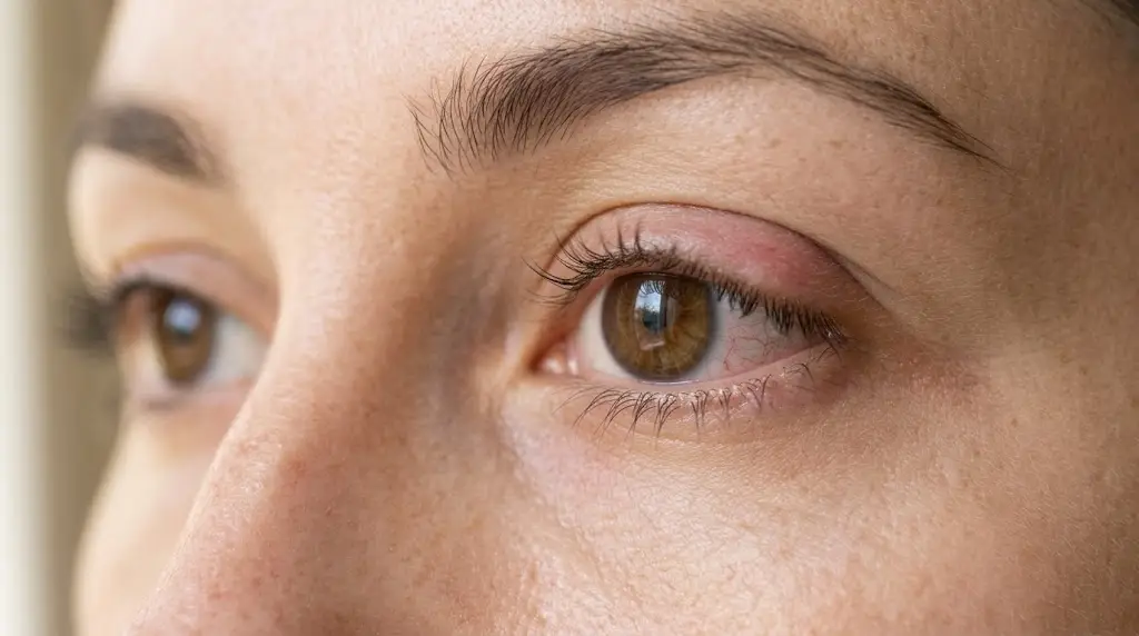 Rosto de uma mulher aproximado com incha&ccedil;o no olho