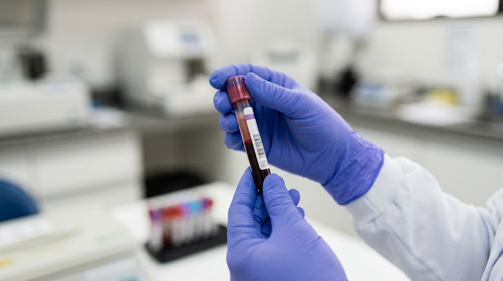 Analista de laborat&oacute;rio segurando uma amostra de sangue