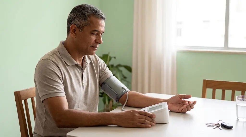 Homem medindo a press&atilde;o em aparelho